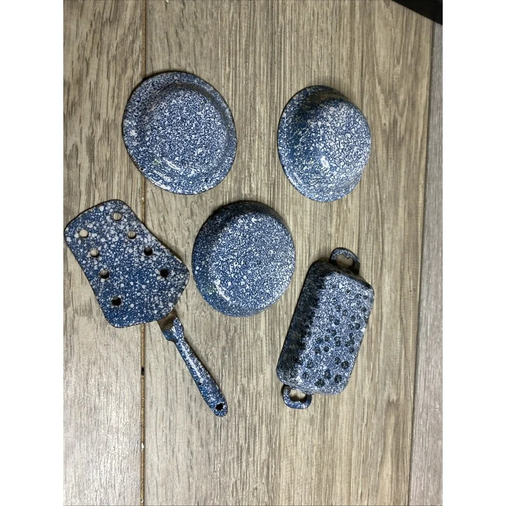 Antique‎ German Doll Kitchen Pans Rare Blue Speckled Granite Ware Bing Marklin